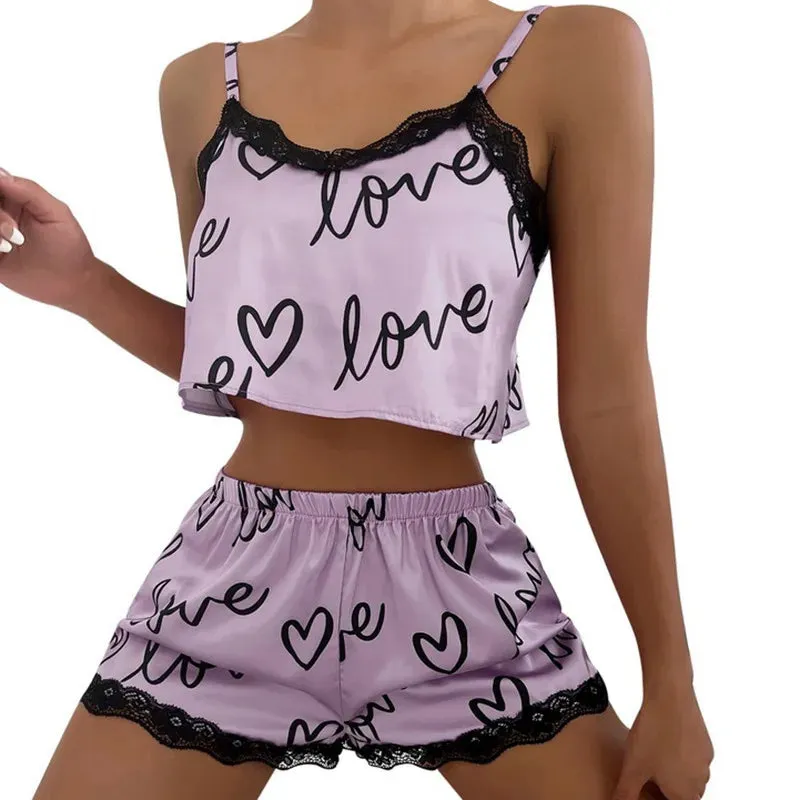 2 Pieces Set Women'S Pajama Shorts Suit Homewear Print Underwear Pijama Sexy Lingerie Camisoles Tanks Nighty Ladies Sleepwear