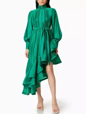 Asymmetrical Pleat-Paneled Ruffled Tie-Waist Dress in Green