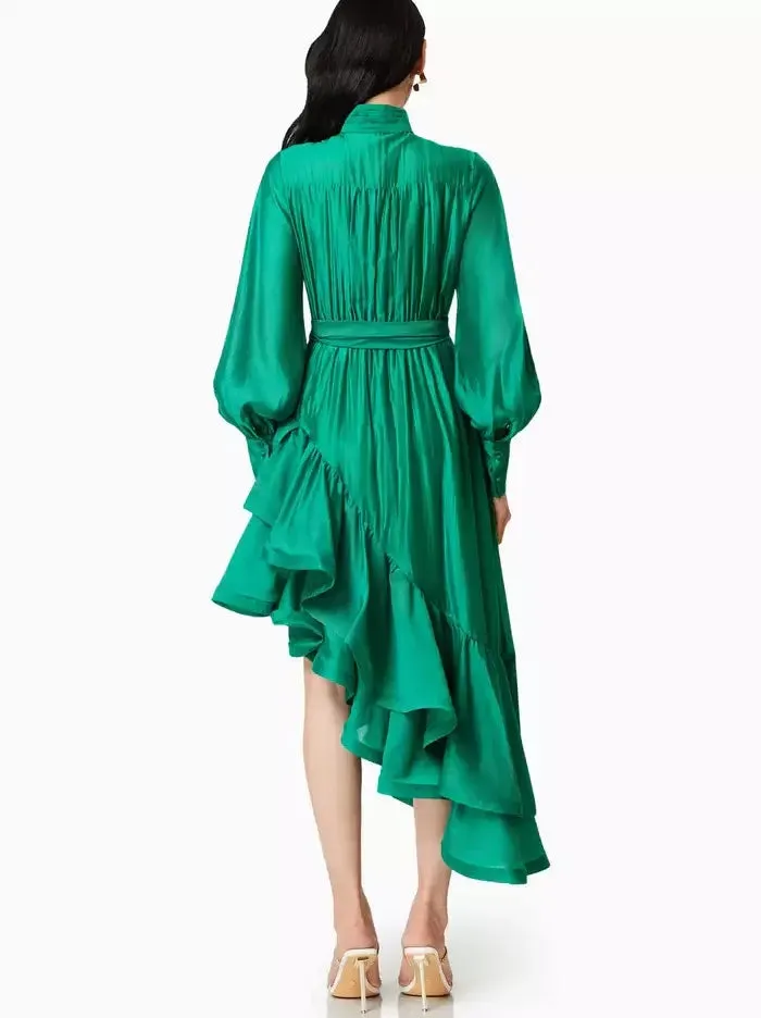 Asymmetrical Pleat-Paneled Ruffled Tie-Waist Dress in Green