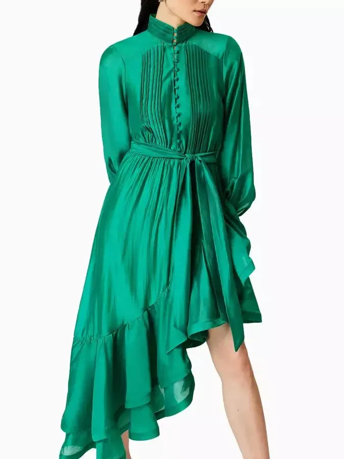 Asymmetrical Pleat-Paneled Ruffled Tie-Waist Dress in Green