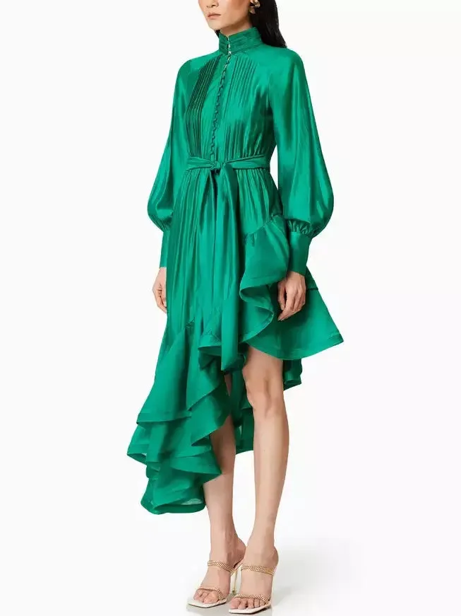 Asymmetrical Pleat-Paneled Ruffled Tie-Waist Dress in Green