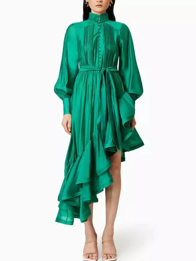 Asymmetrical Pleat-Paneled Ruffled Tie-Waist Dress in Green