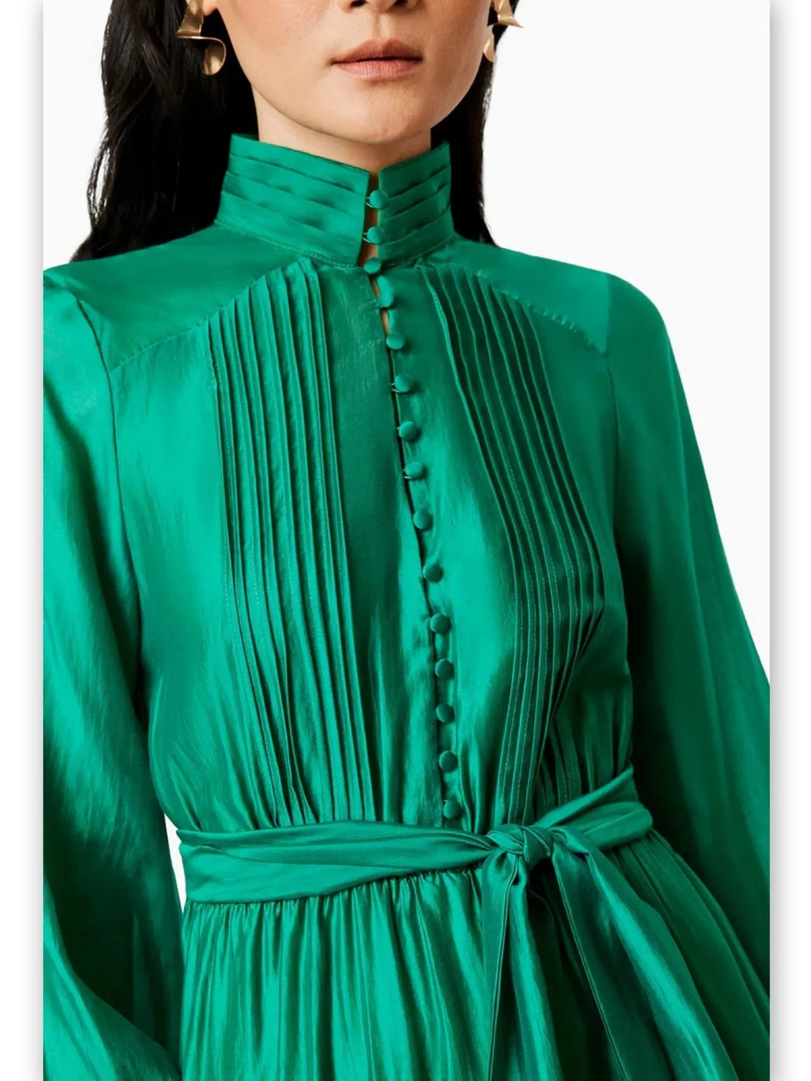 Asymmetrical Pleat-Paneled Ruffled Tie-Waist Dress in Green