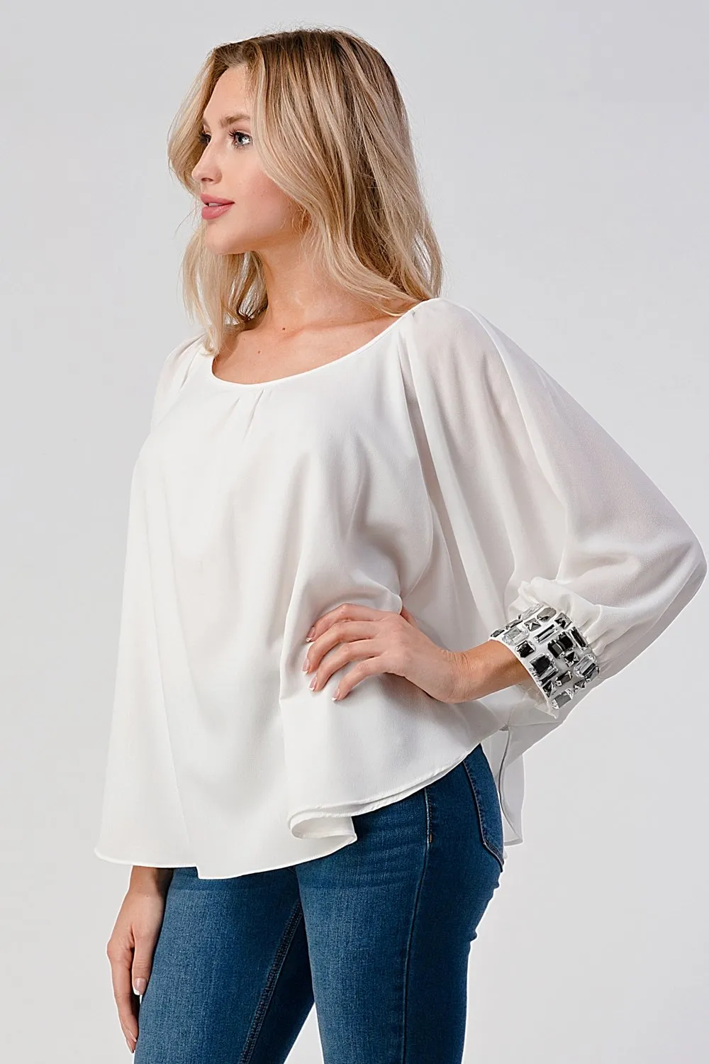 Bead Cuffs Dolman Sleeves Chiffon Blouse Top