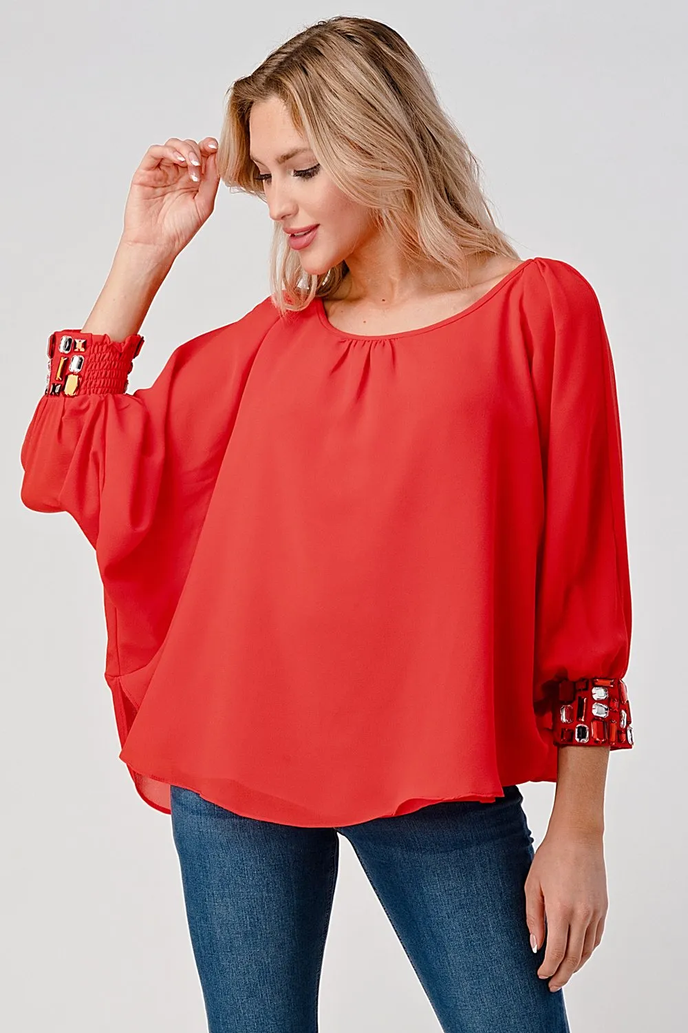 Bead Cuffs Dolman Sleeves Chiffon Blouse Top