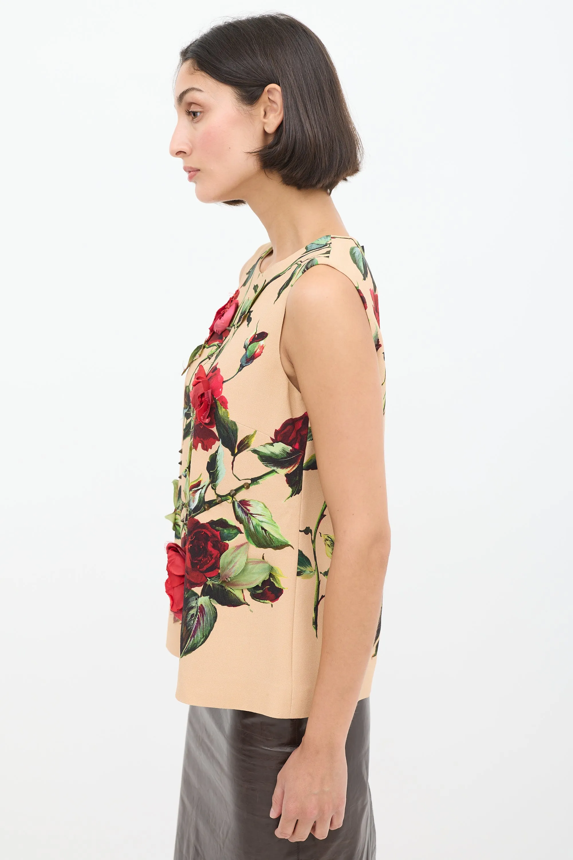 Beige & Multicolour Floral Embellished Top