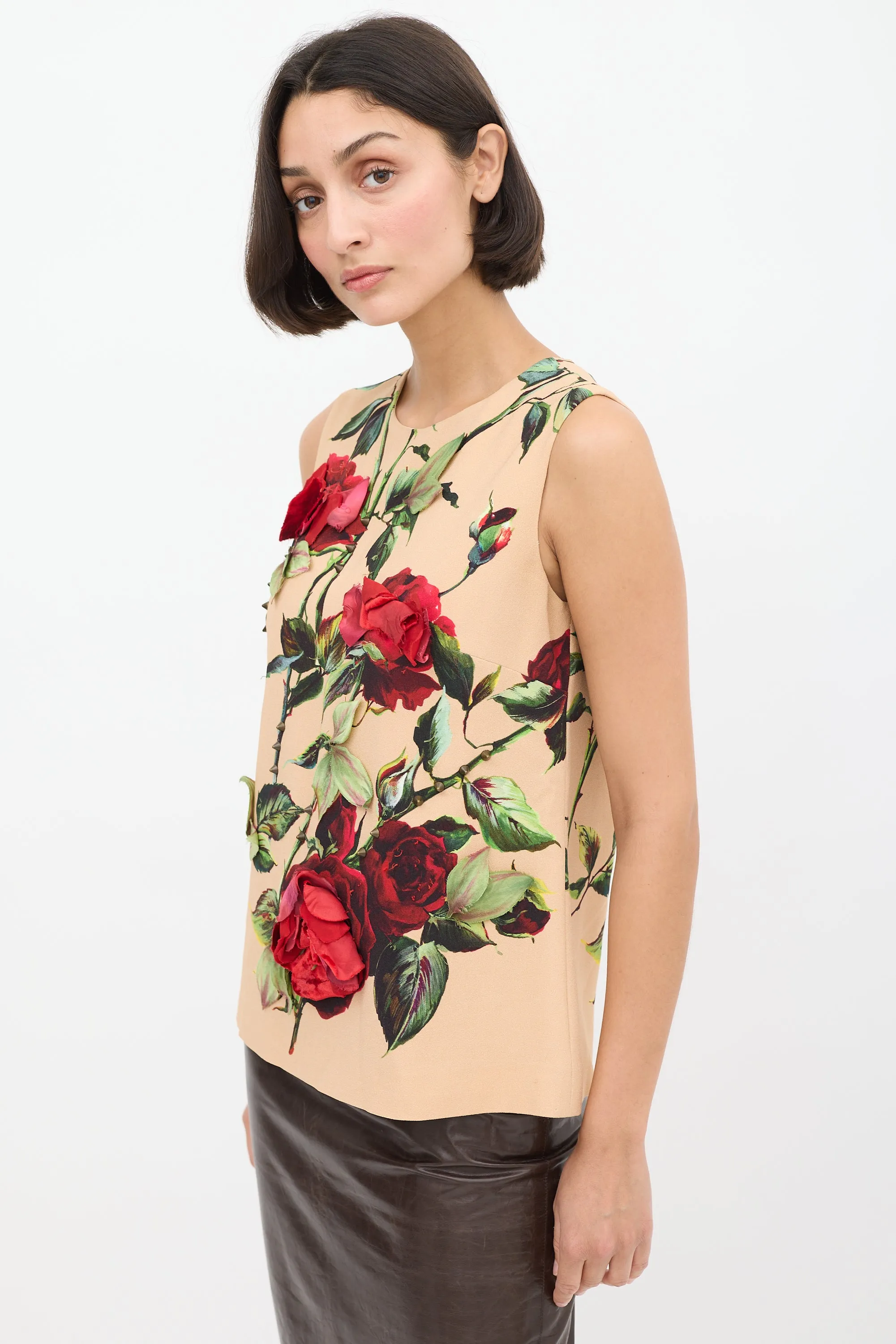 Beige & Multicolour Floral Embellished Top