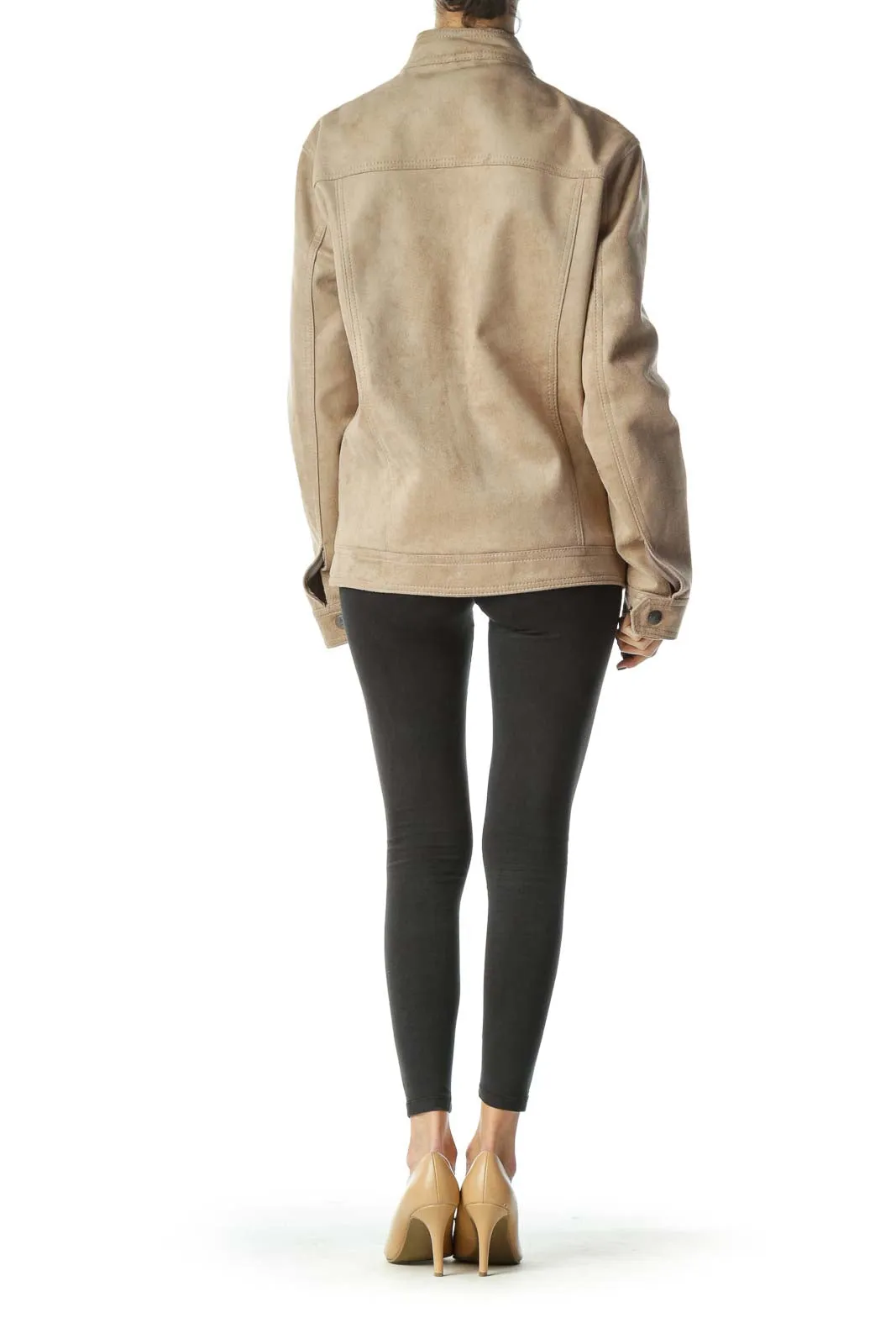 Beige Suede Body Pocketed Zippered Jacket