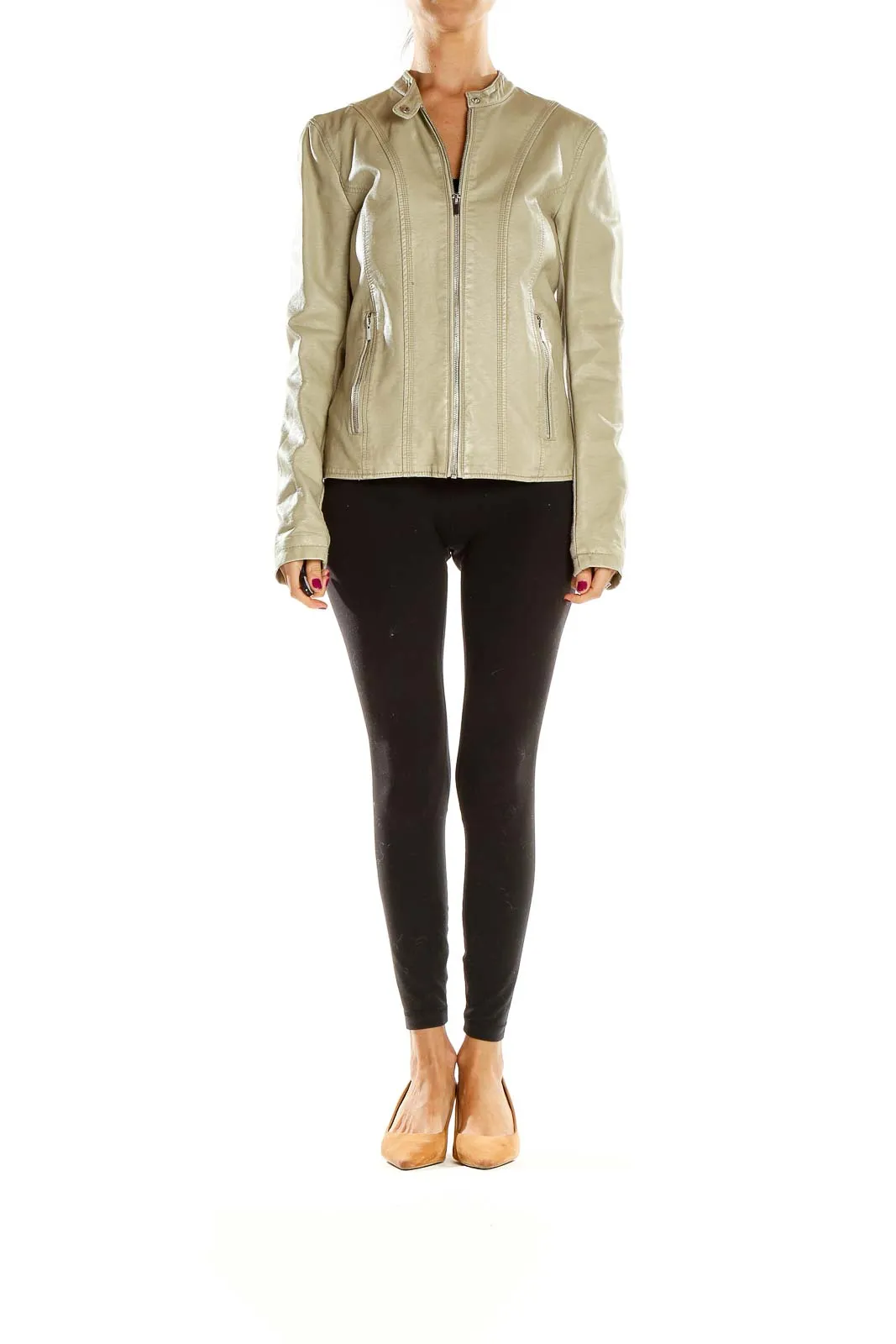 Beige Zip-Up Leather Jacket