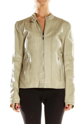 Beige Zip-Up Leather Jacket