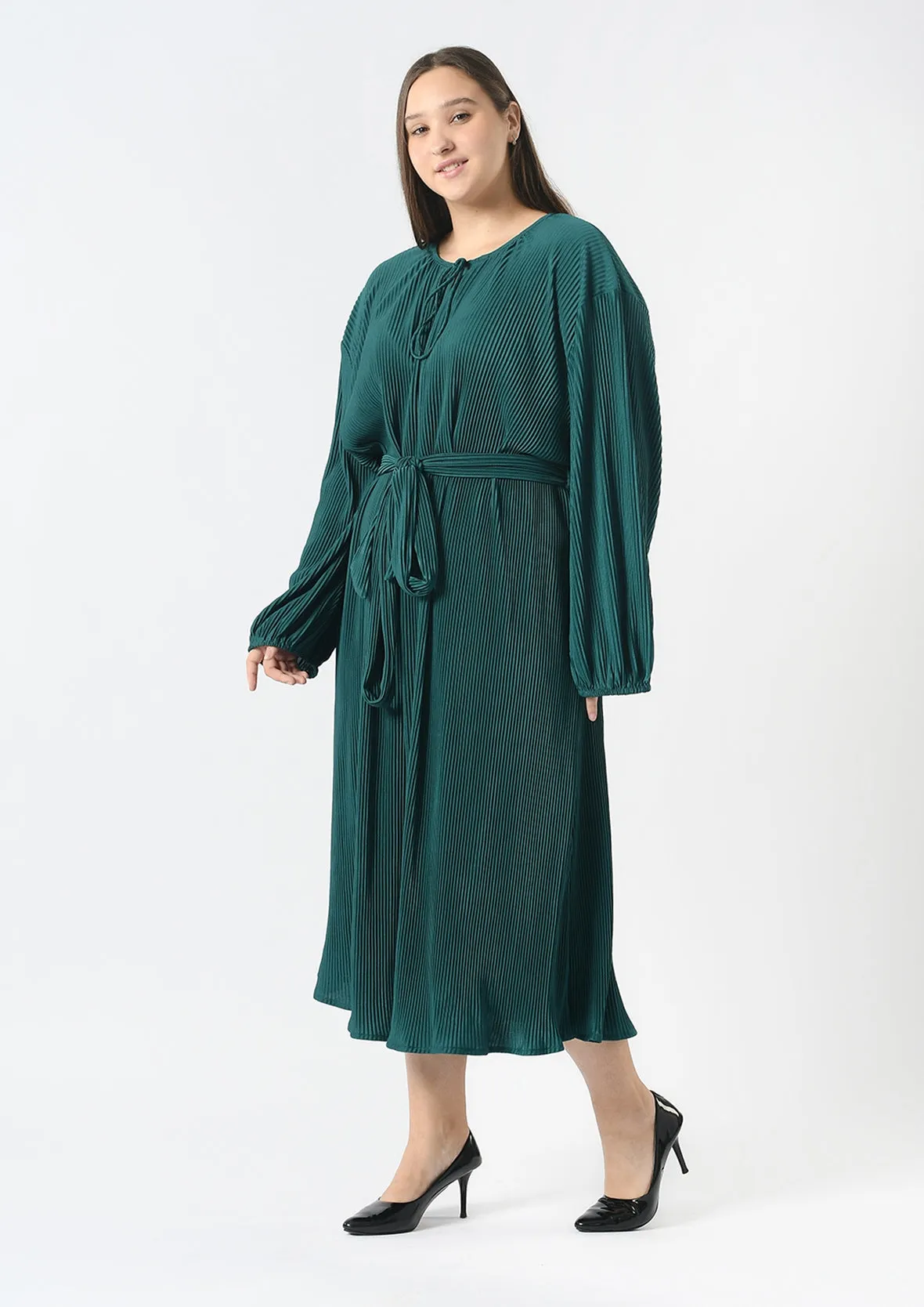 Belted Plisse Dress With Tie Neck