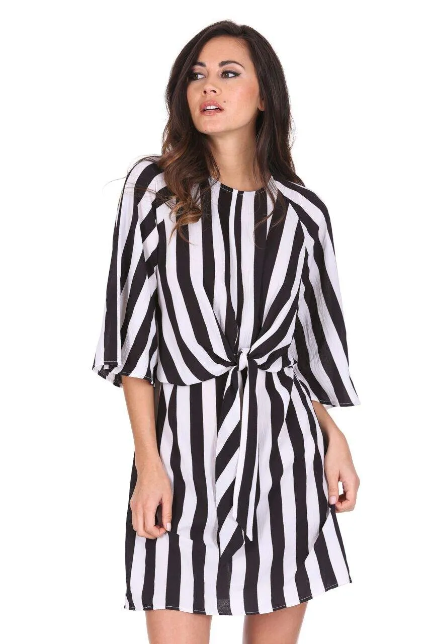 Black &amp; White Striped Tie Waist Dress