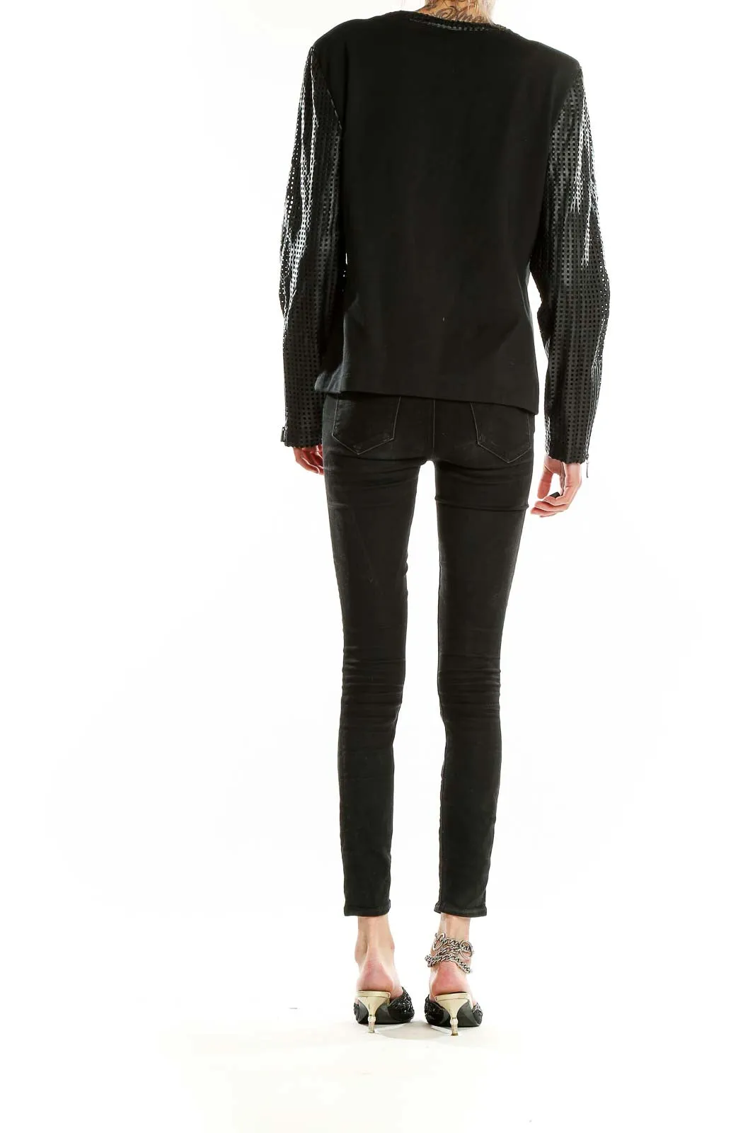 Black Asymmetric Zip Jacket with Mesh Sleeves