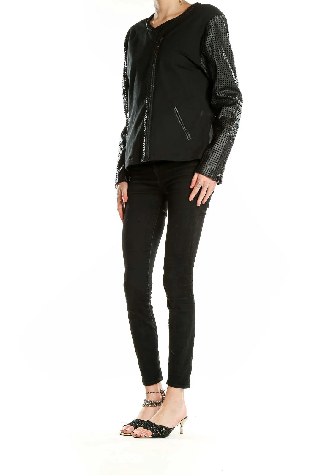 Black Asymmetric Zip Jacket with Mesh Sleeves