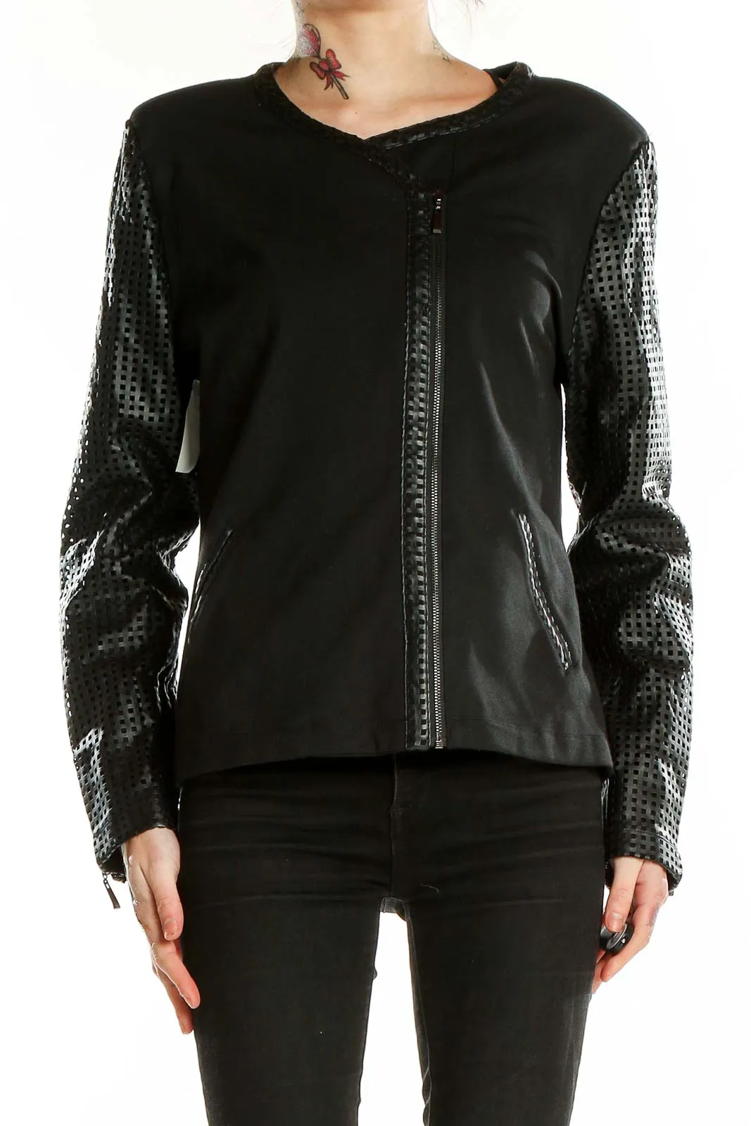 Black Asymmetric Zip Jacket with Mesh Sleeves