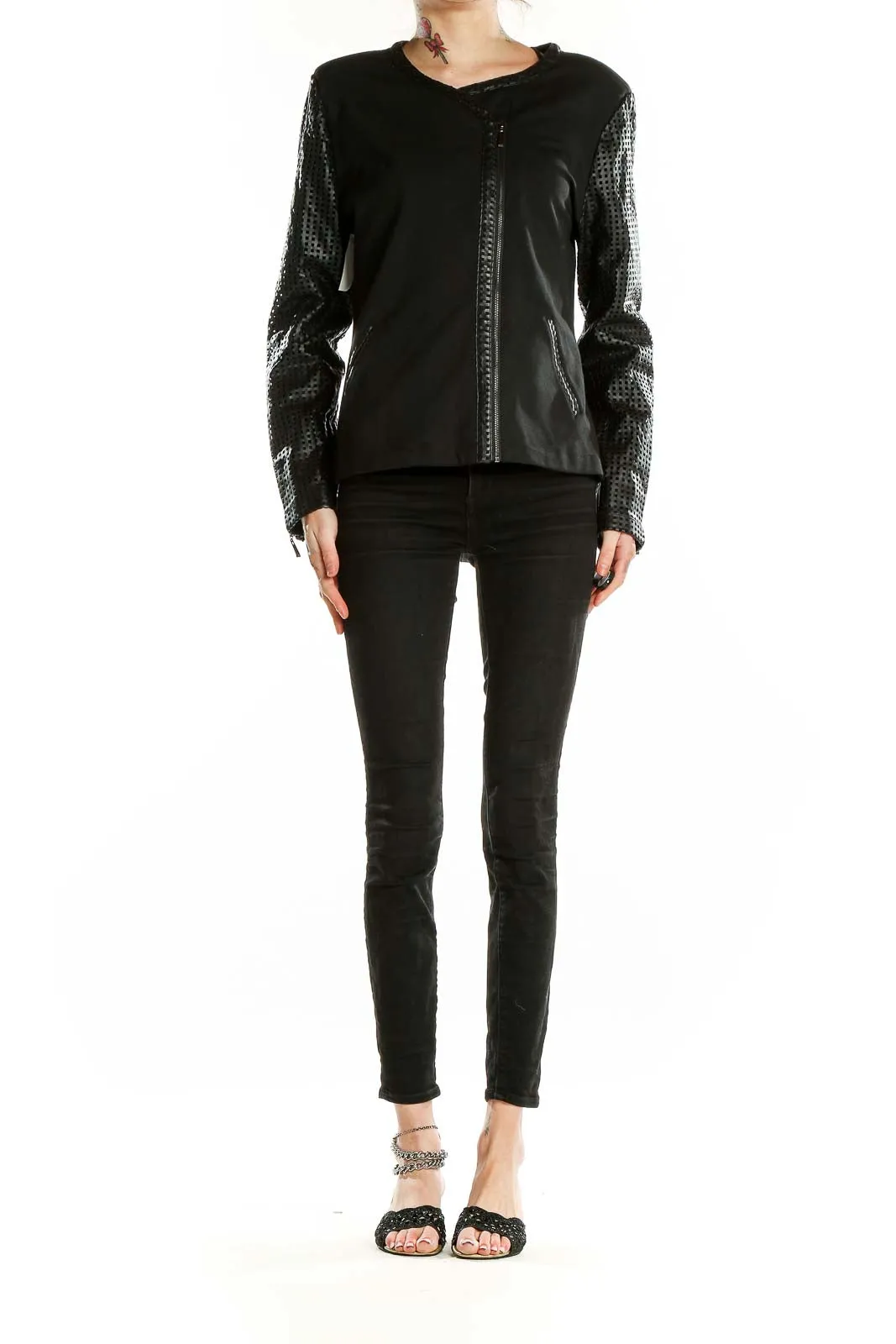 Black Asymmetric Zip Jacket with Mesh Sleeves