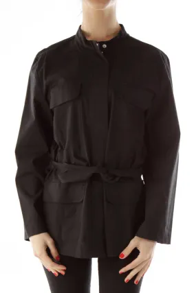 Black Pocketed Belted Fitted Jacket