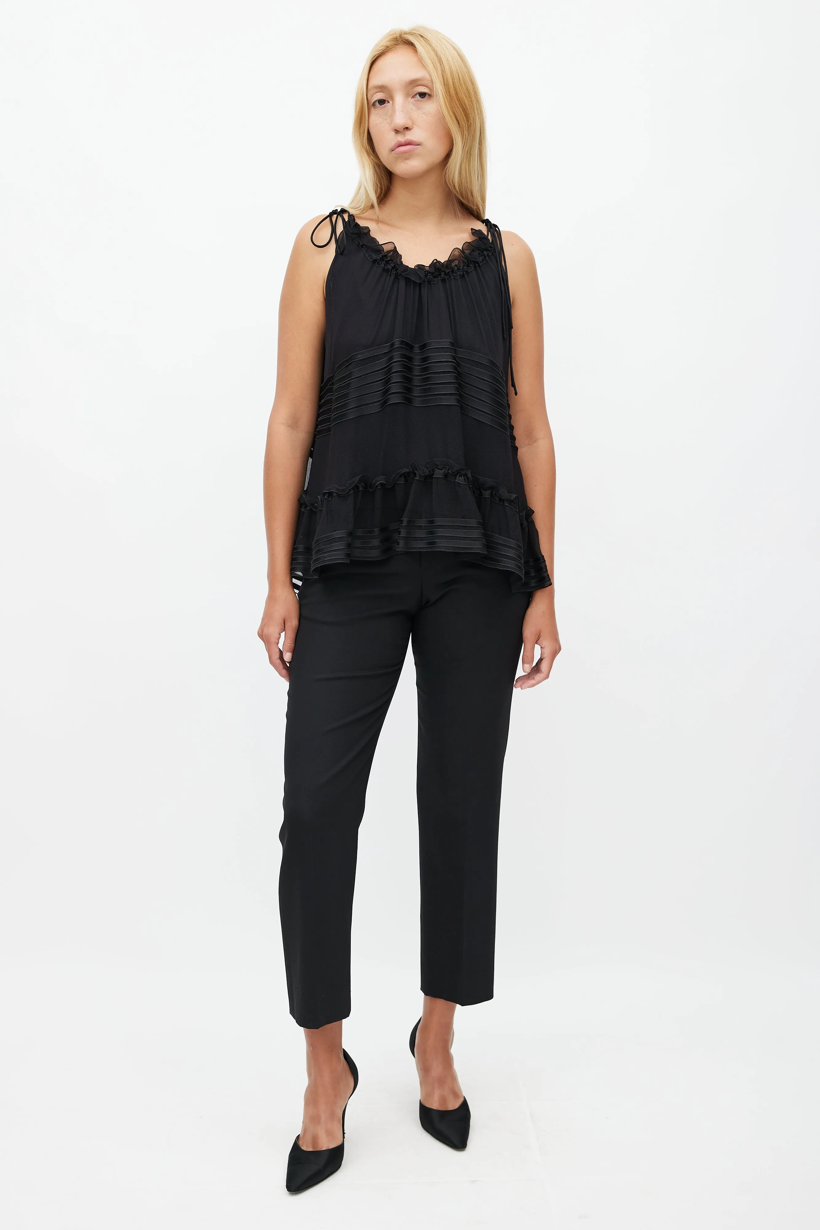 Black Silk Ruffle Sleeveless Blouse