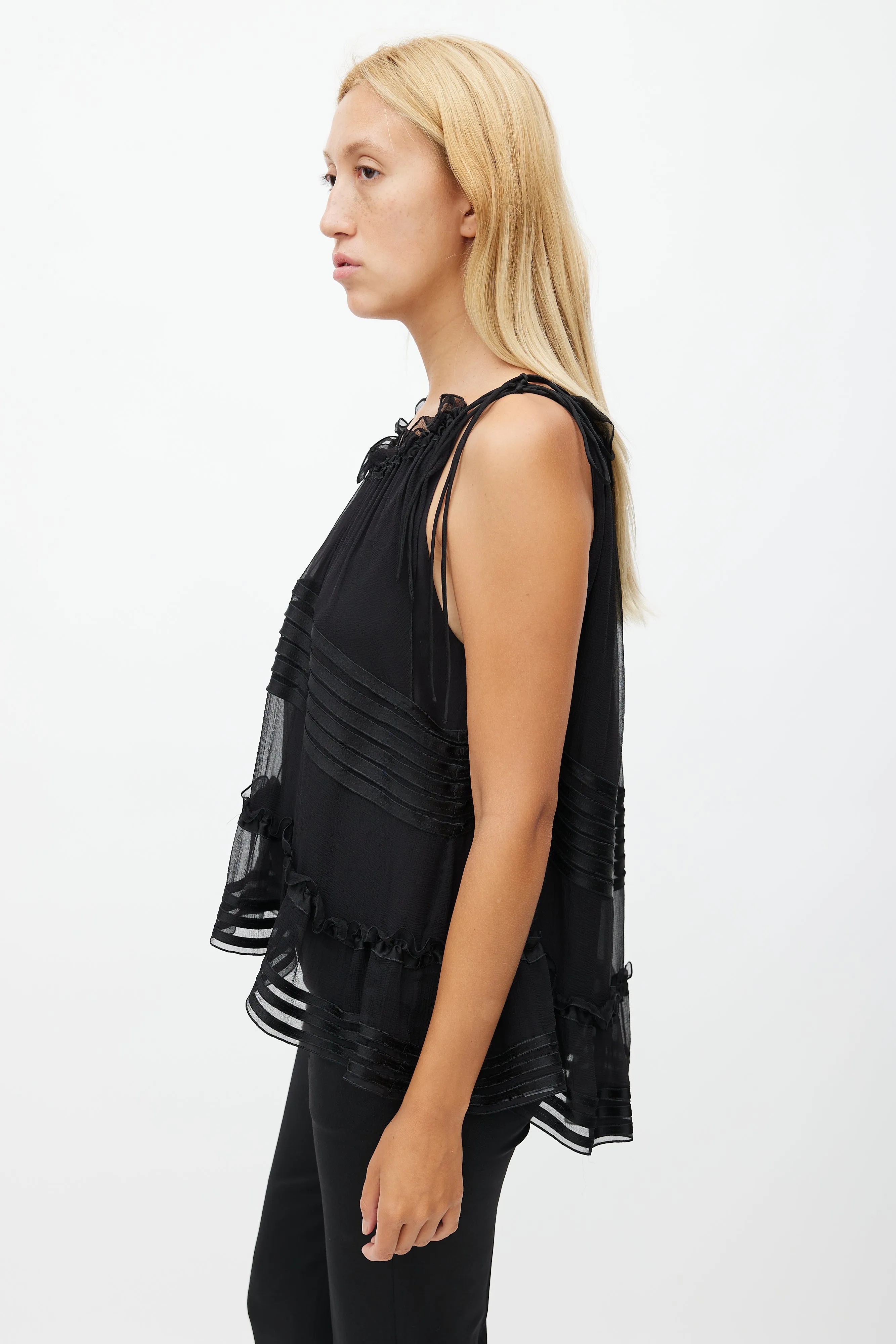 Black Silk Ruffle Sleeveless Blouse