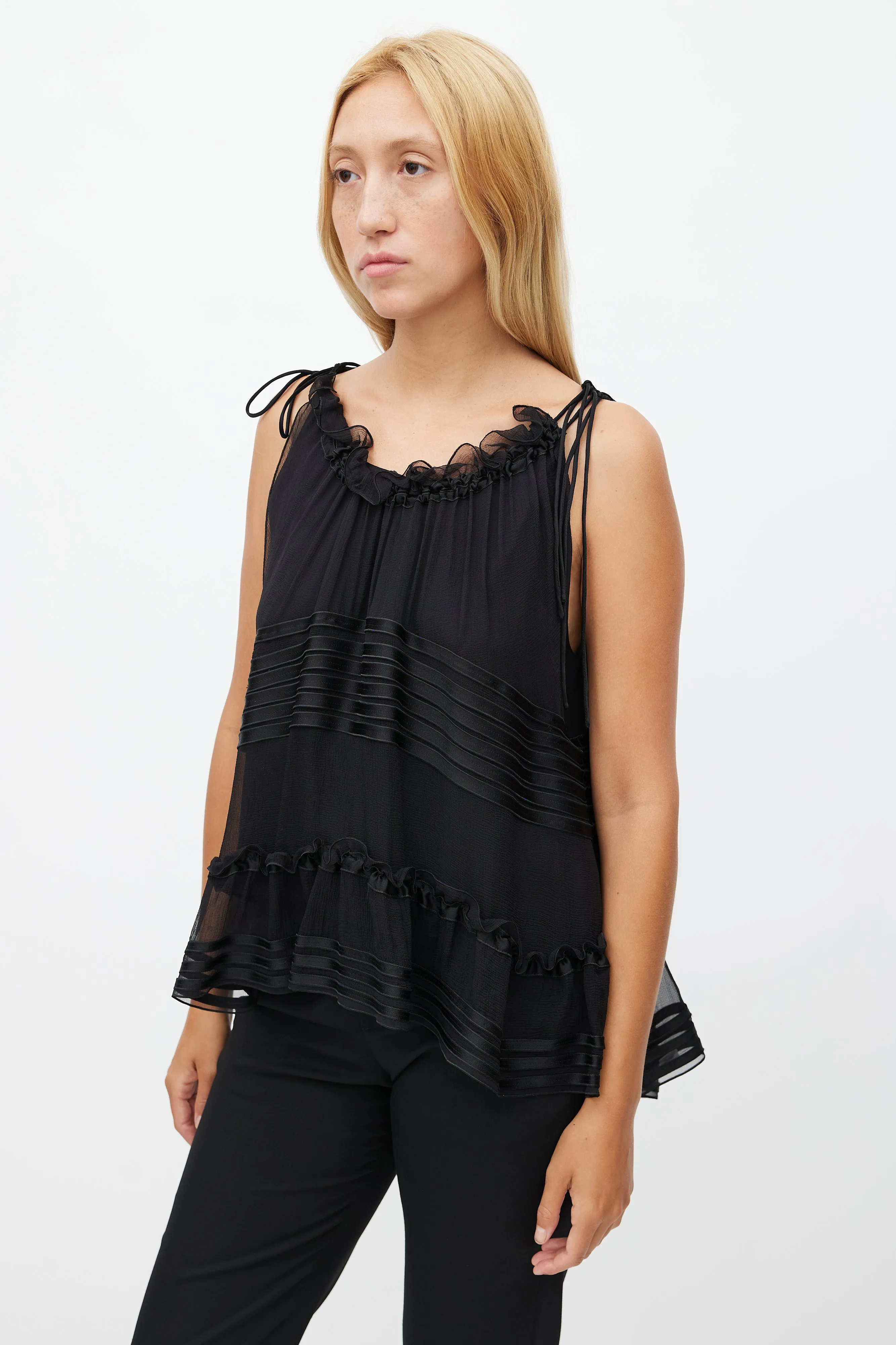 Black Silk Ruffle Sleeveless Blouse