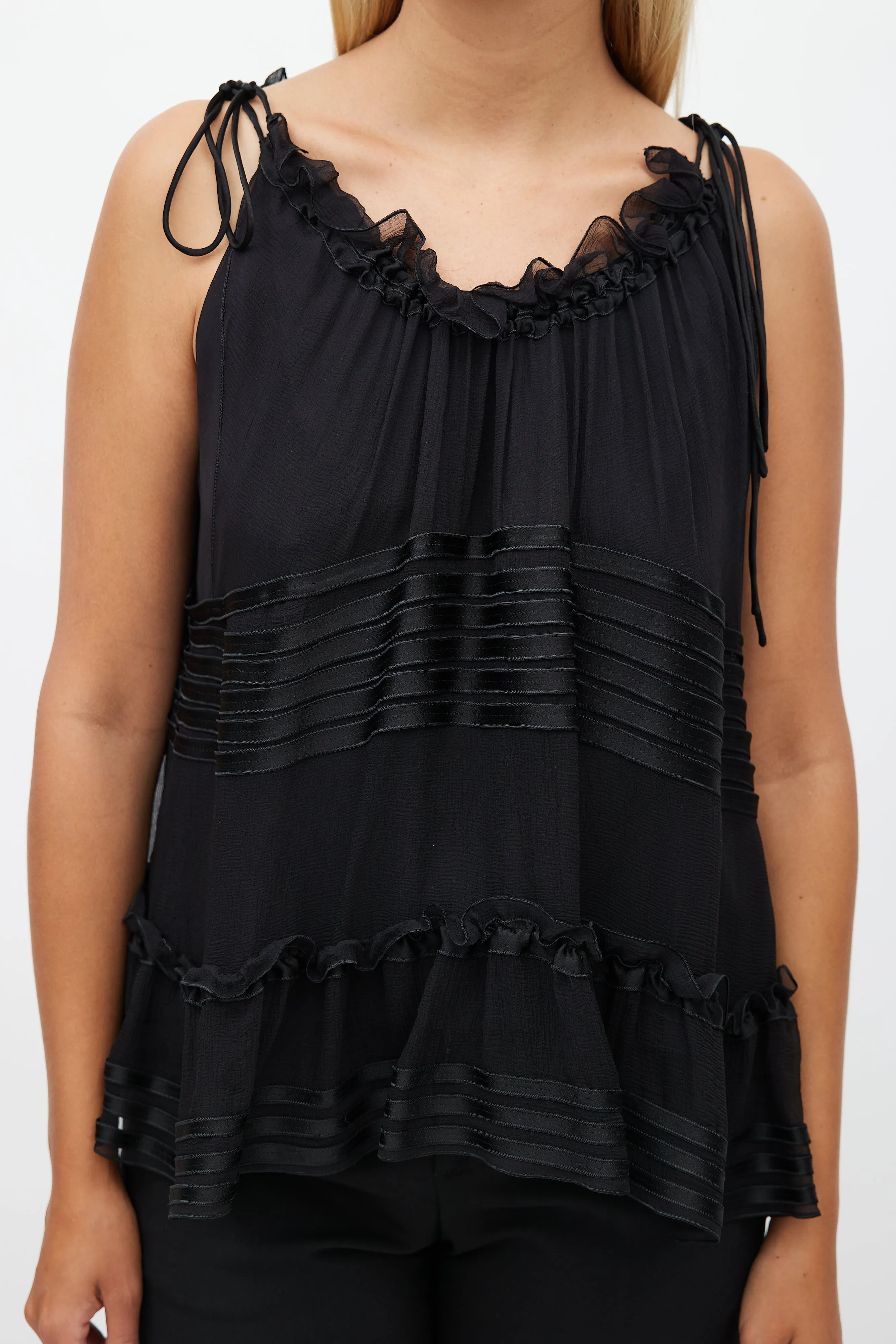 Black Silk Ruffle Sleeveless Blouse