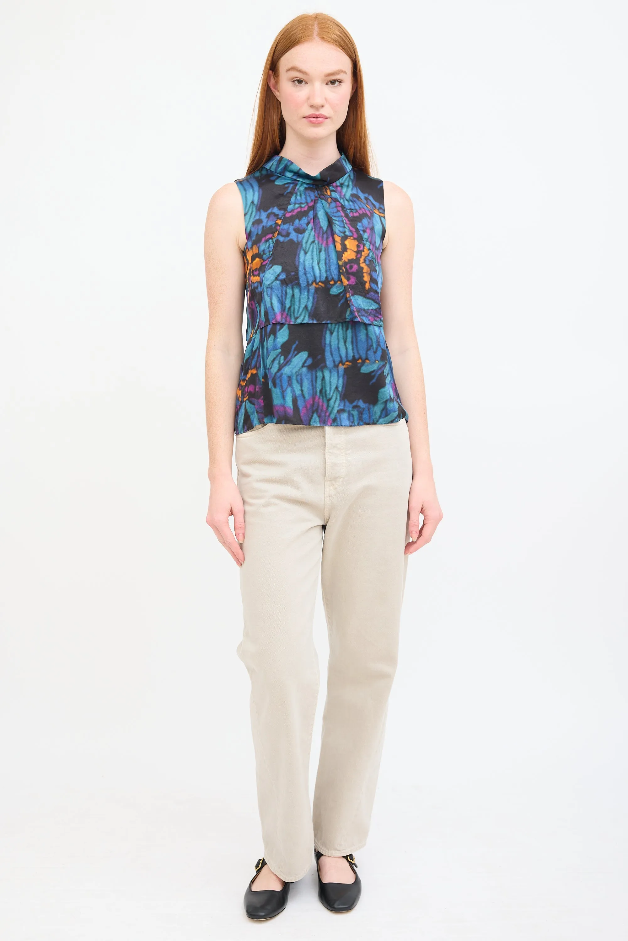 Blue & Multi Silk Printed Panelled Top