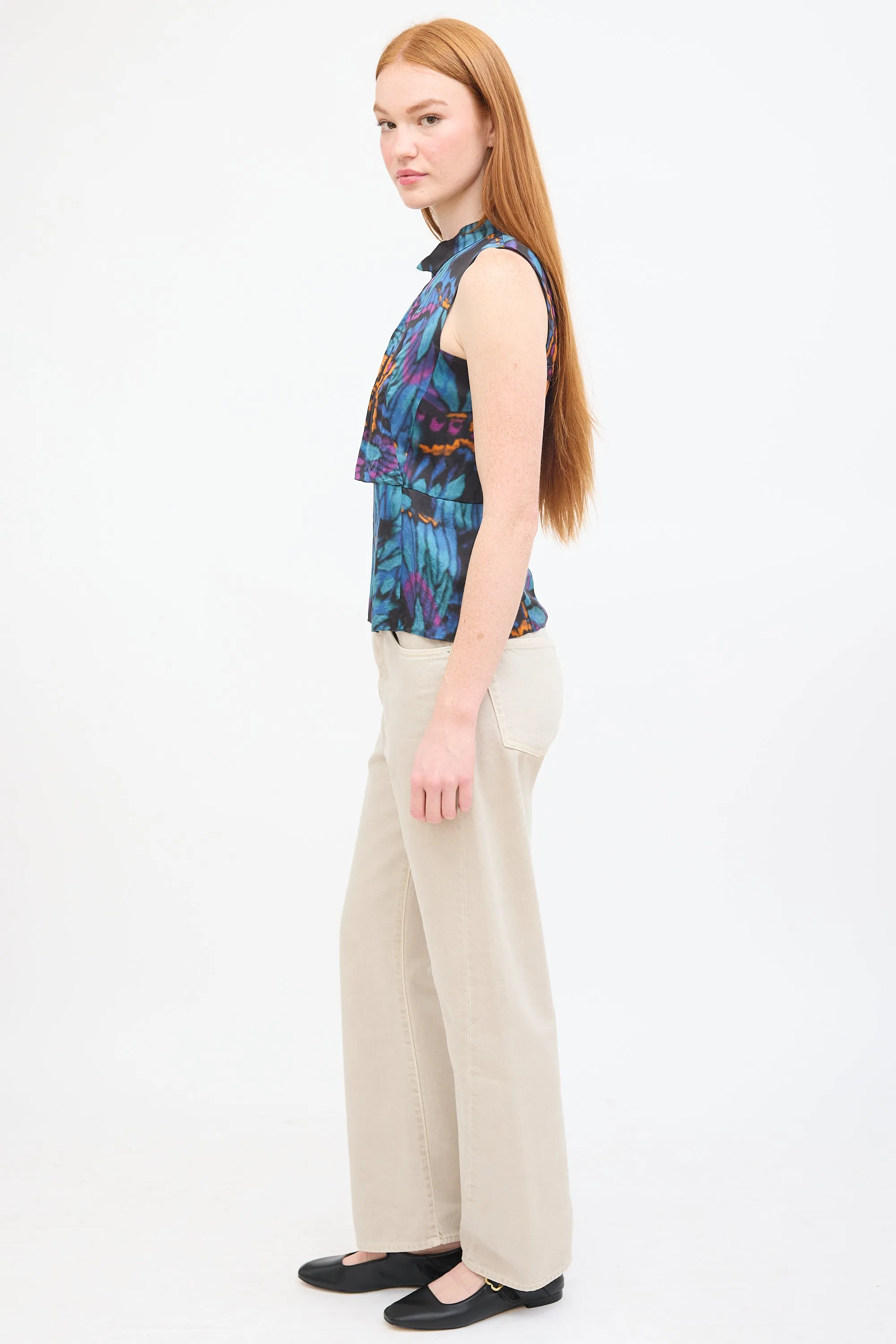 Blue & Multi Silk Printed Panelled Top