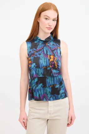 Blue & Multi Silk Printed Panelled Top