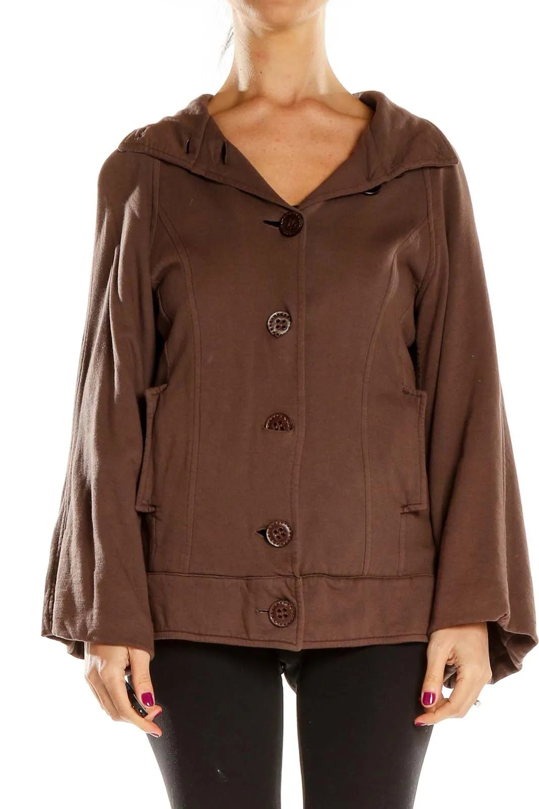 Brown Button-Front Hooded Jacket