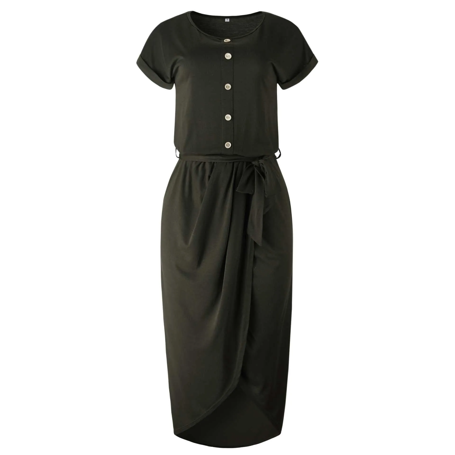 Buttons Short Sleeve Tie Waist Midi Dress With Slit