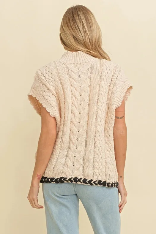 Cable Knit Drop Shoulder Contrast Stitch Sweater