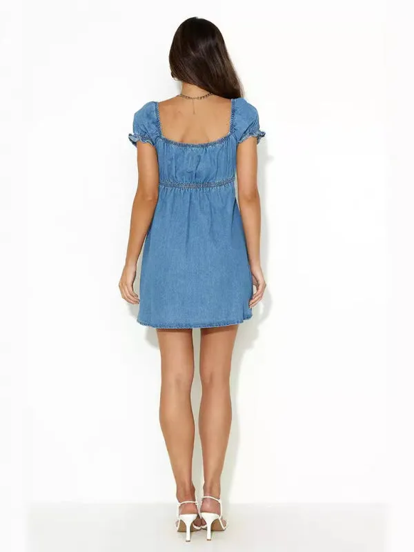 Casual Denim A-Line Dress with Tie