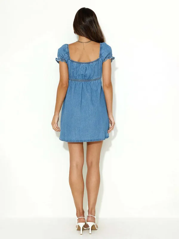 Casual Denim A-Line Dress with Tie