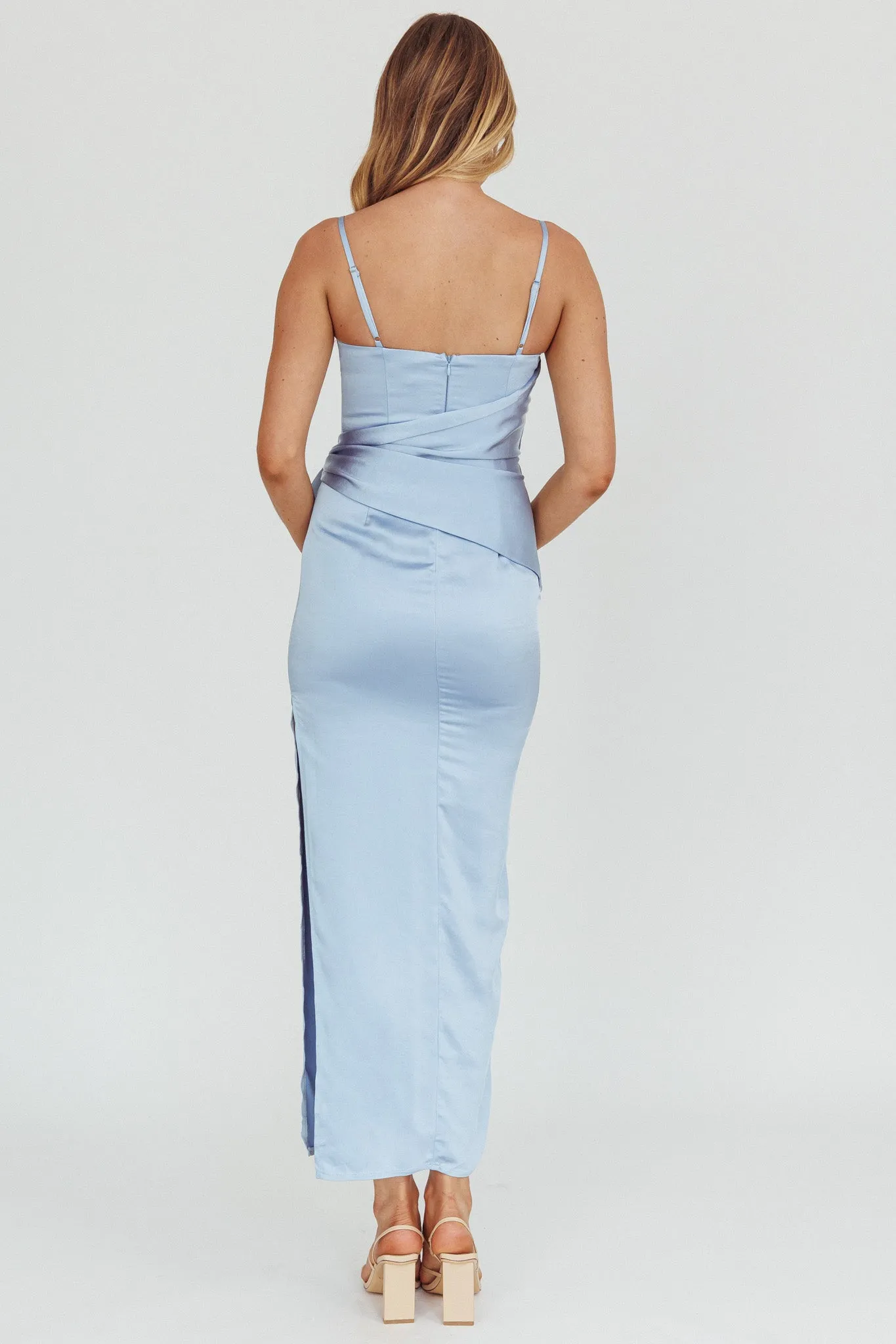 Celestine Waist Tie Satin Maxi Dress Light Blue