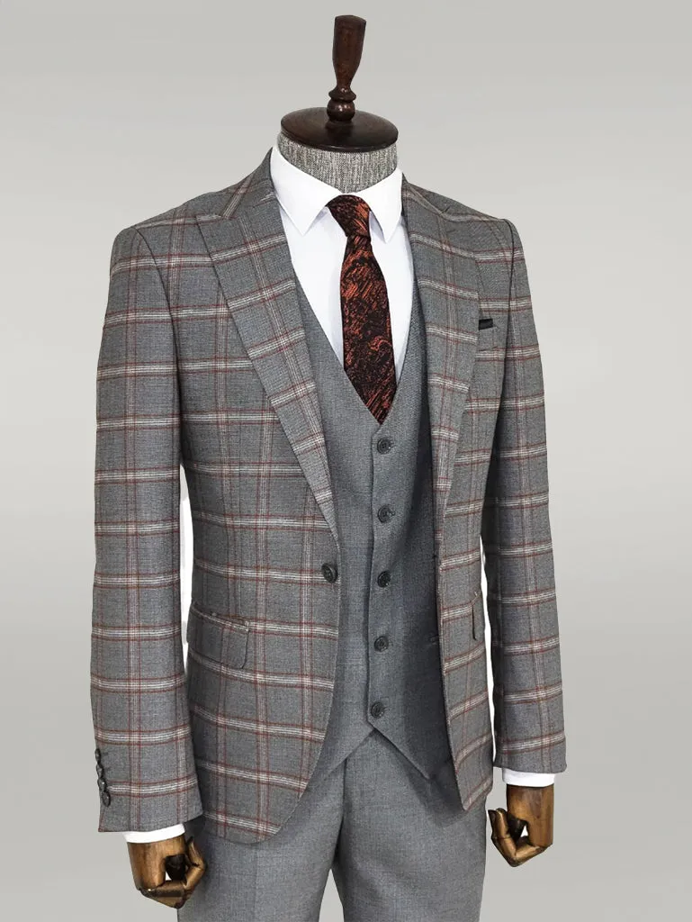 Checked Patterned Grey Slim Fit Suit - Wessi