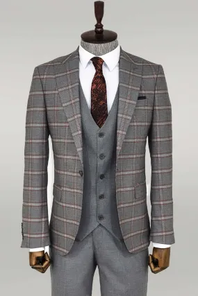 Checked Patterned Grey Slim Fit Suit - Wessi