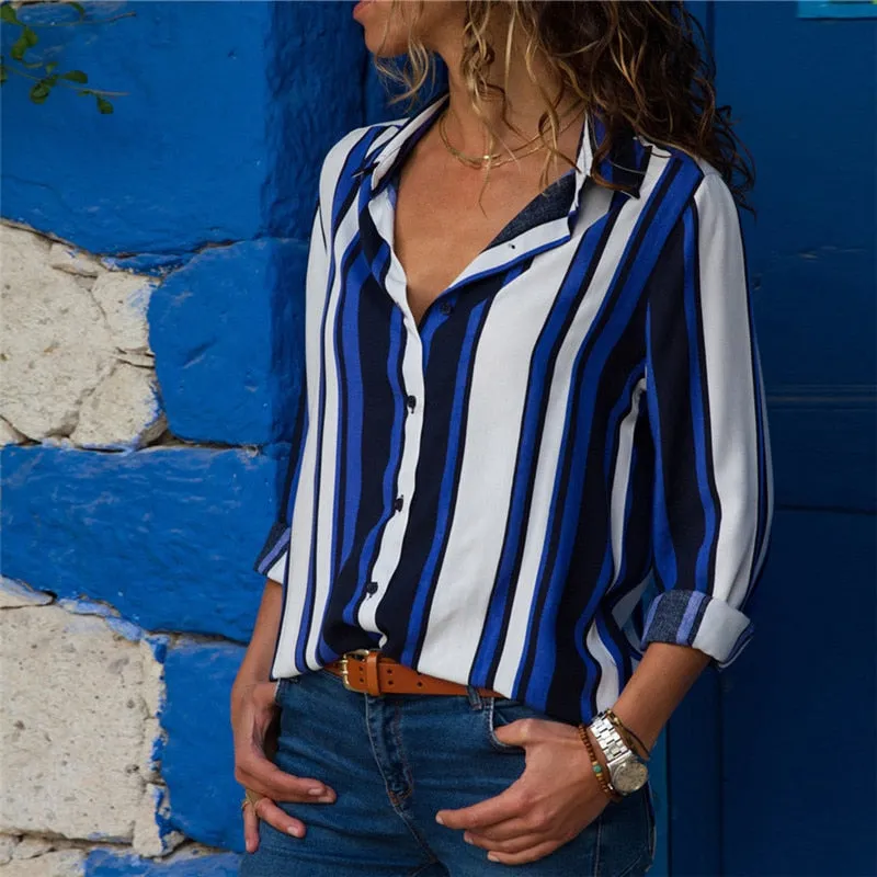 Chiffon Blouse Women Long Sleeve Striped Shirt