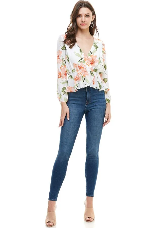 Floral Surplice Peplum Hem Blouse