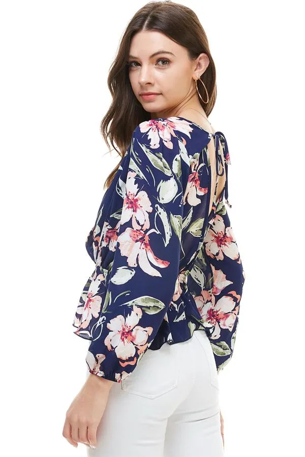 Floral Surplice Peplum Hem Blouse