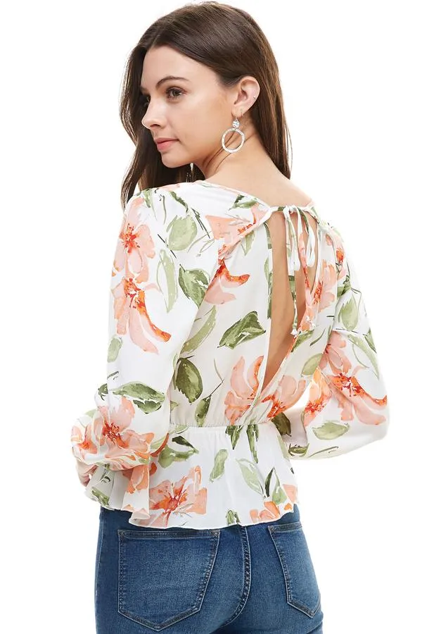 Floral Surplice Peplum Hem Blouse