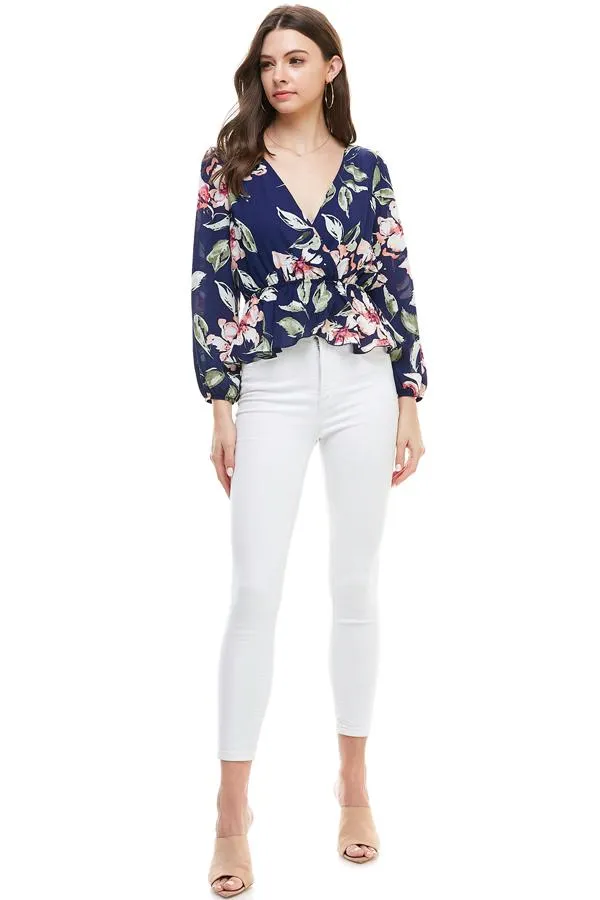 Floral Surplice Peplum Hem Blouse