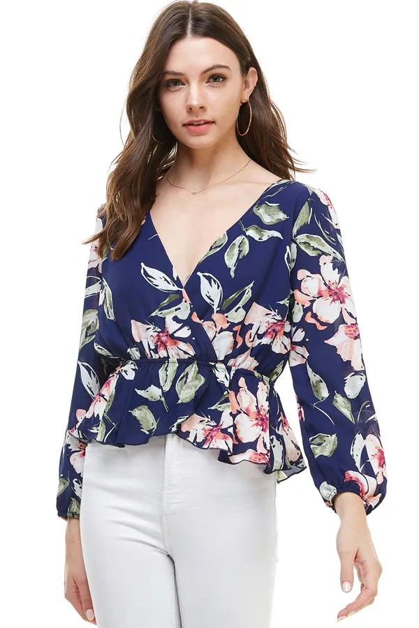 Floral Surplice Peplum Hem Blouse