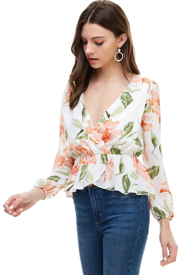 Floral Surplice Peplum Hem Blouse