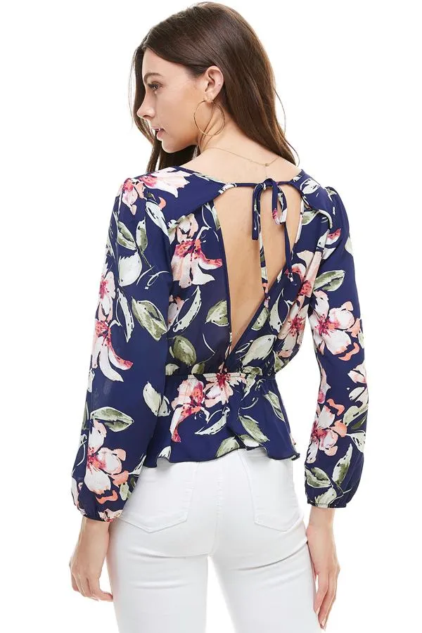 Floral Surplice Peplum Hem Blouse