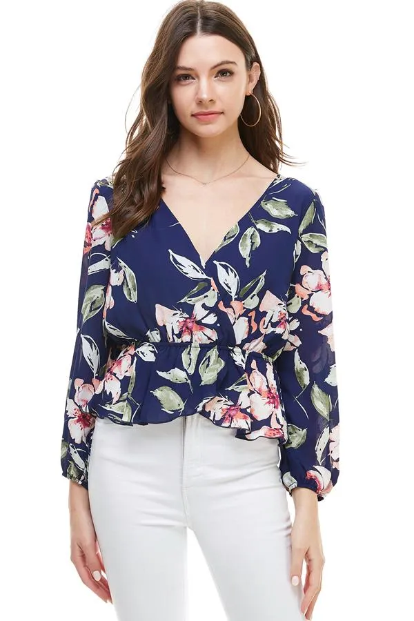 Floral Surplice Peplum Hem Blouse