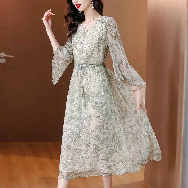 Floral Tie-Waist Flare Sleeve Midi Dress