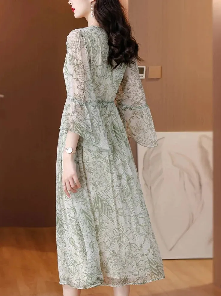 Floral Tie-Waist Flare Sleeve Midi Dress