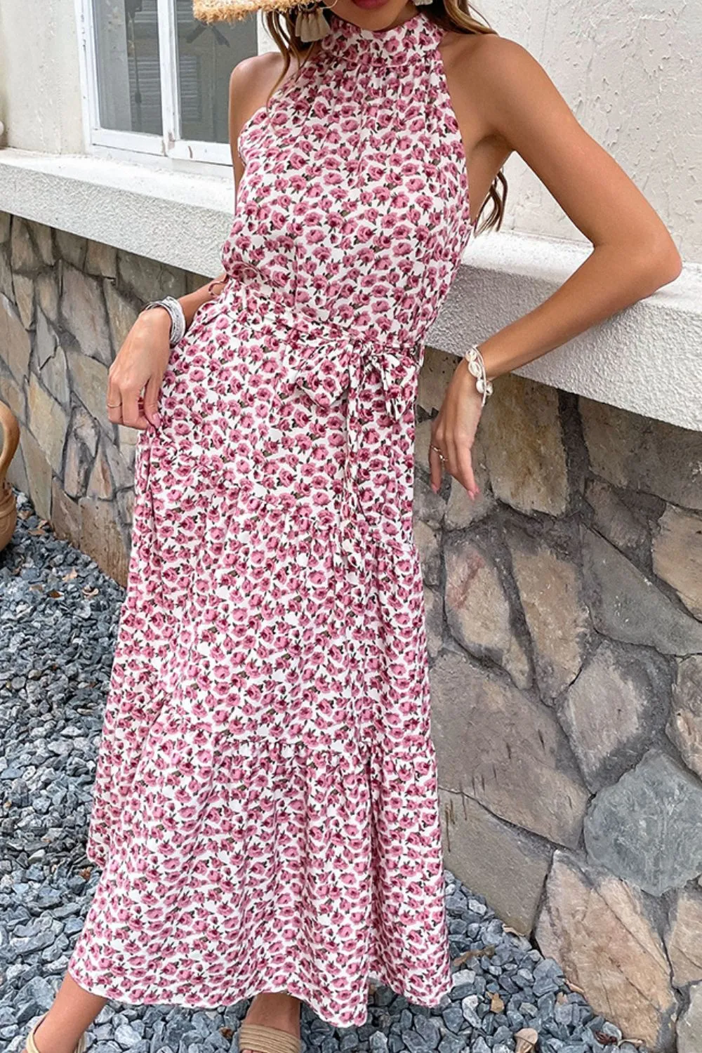 Floral Tie-Waist Tiered Dress