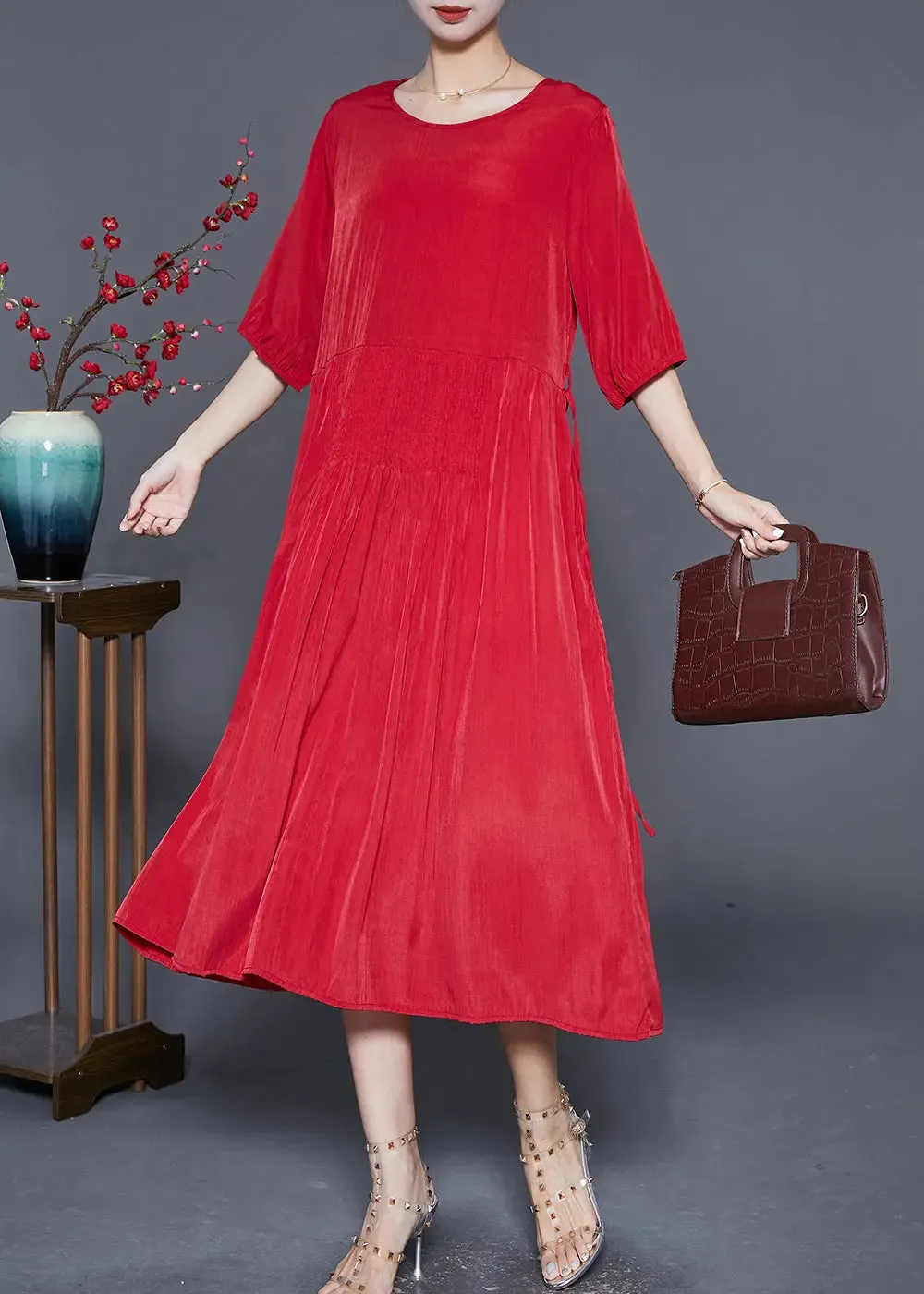 French Red Wrinkled Tie Waist Linen Long Dresses Summer LY8036