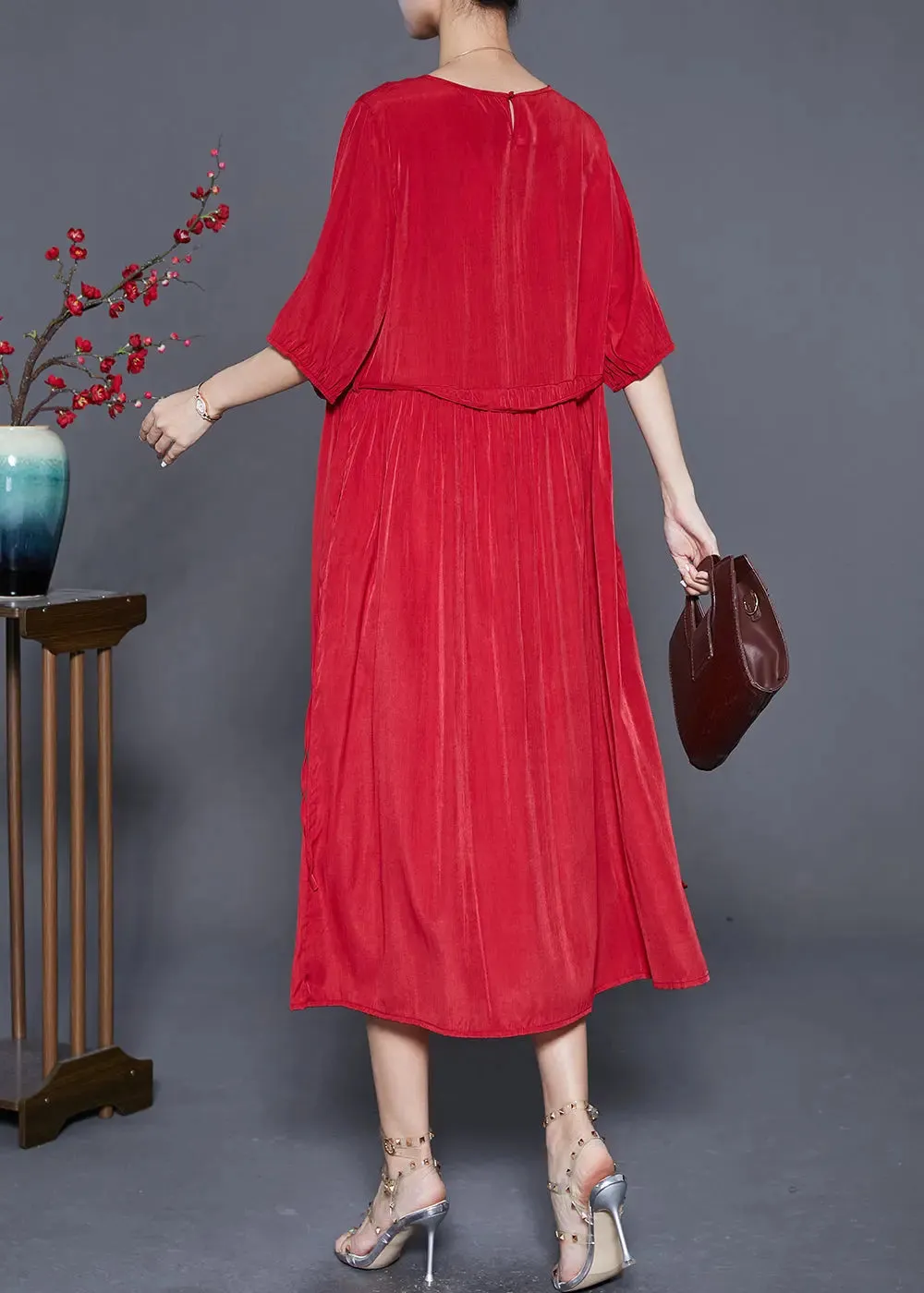 French Red Wrinkled Tie Waist Linen Long Dresses Summer LY8036